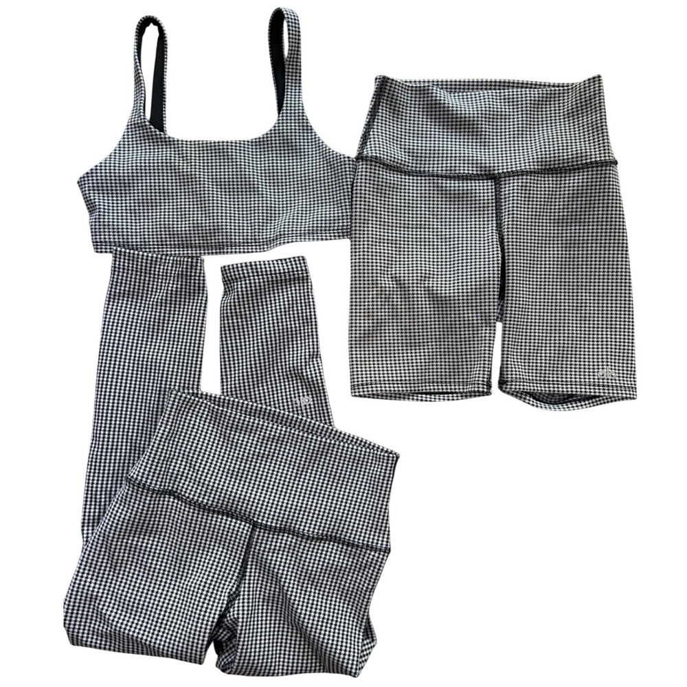 Alo Yoga Houndstooth 3pc Workout Set Sports Bra Leggings Biker Shorts XS/S